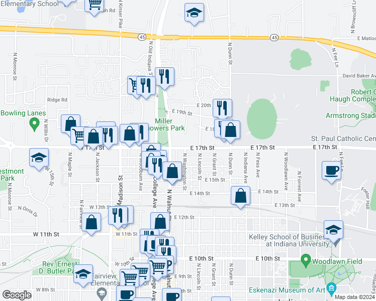 map of restaurants, bars, coffee shops, grocery stores, and more near 216 East 17th Street in Bloomington