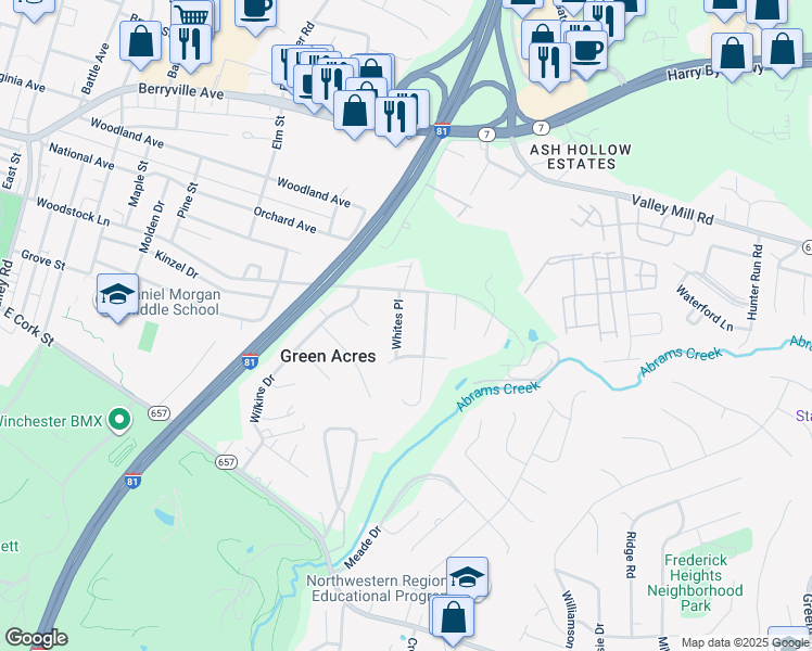 map of restaurants, bars, coffee shops, grocery stores, and more near 109 Whites Pl in Winchester