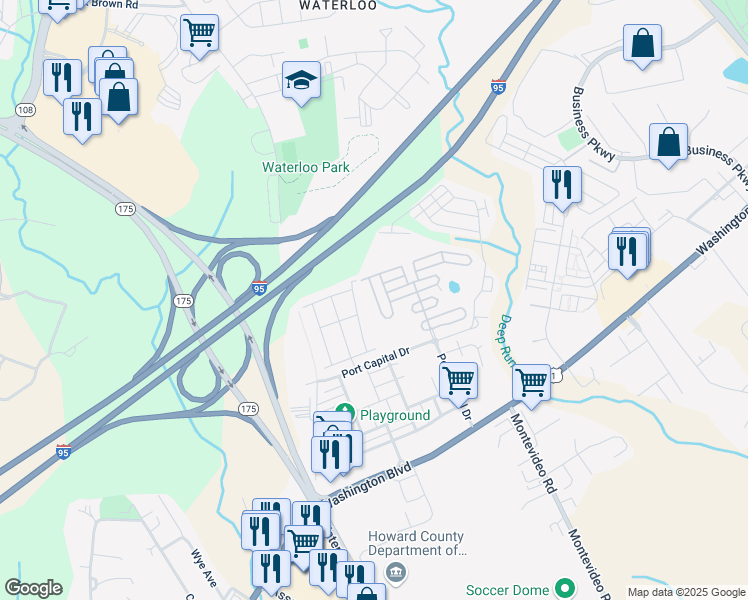 map of restaurants, bars, coffee shops, grocery stores, and more near 7622 Bluff Point Lane in Elkridge