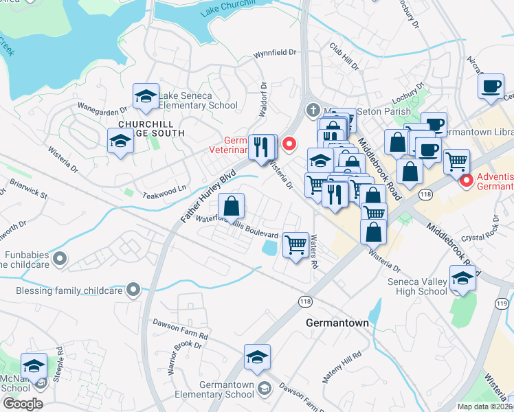 map of restaurants, bars, coffee shops, grocery stores, and more near 19623 Galway Bay Circle in Germantown