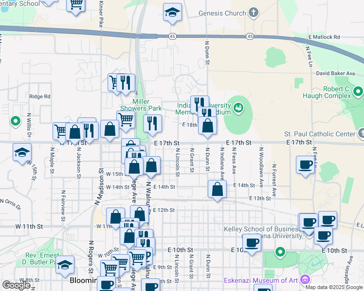 map of restaurants, bars, coffee shops, grocery stores, and more near 221 East 16th Street in Bloomington
