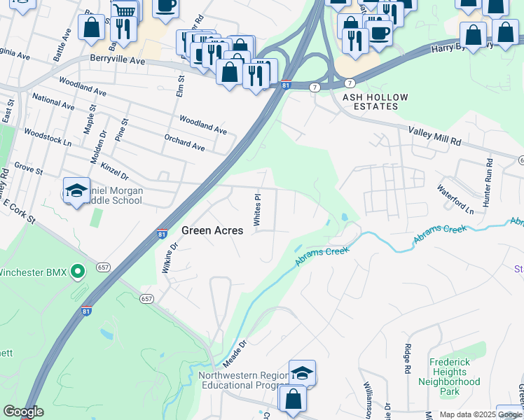 map of restaurants, bars, coffee shops, grocery stores, and more near 109 Whites Pl in Winchester