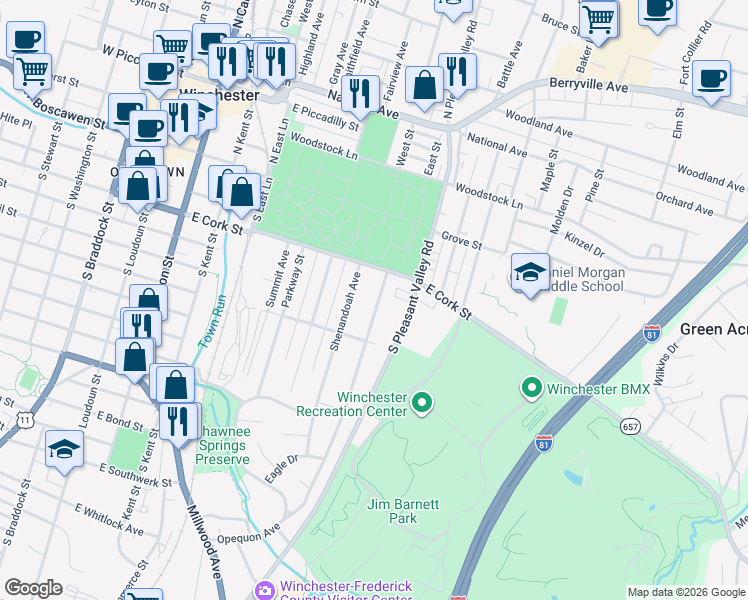 map of restaurants, bars, coffee shops, grocery stores, and more near 232 Opequon Avenue in Winchester