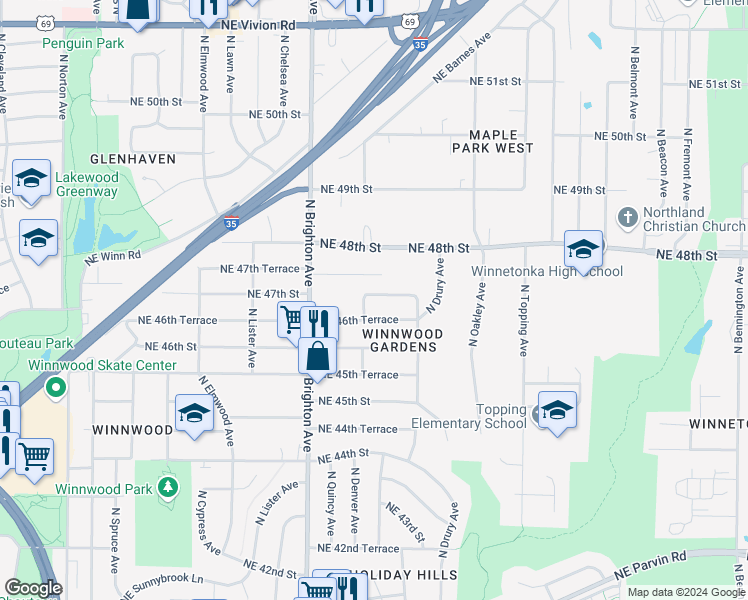 map of restaurants, bars, coffee shops, grocery stores, and more near 5209 Northeast 47th Street in Kansas City