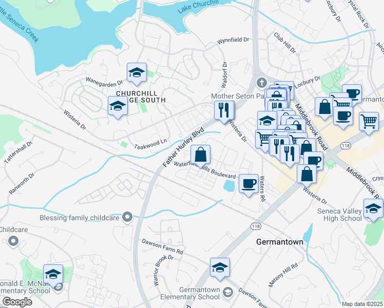 map of restaurants, bars, coffee shops, grocery stores, and more near Derry Glen Court in Germantown