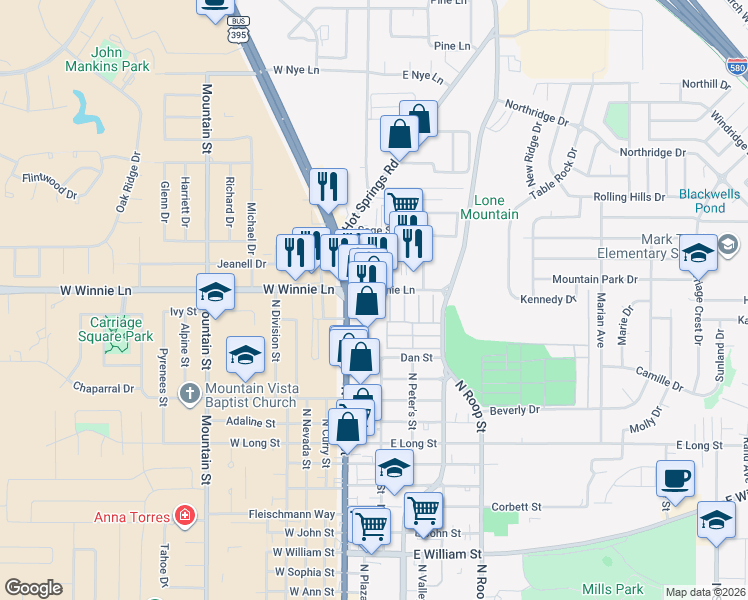 map of restaurants, bars, coffee shops, grocery stores, and more near 221 East Winnie Lane in Carson City