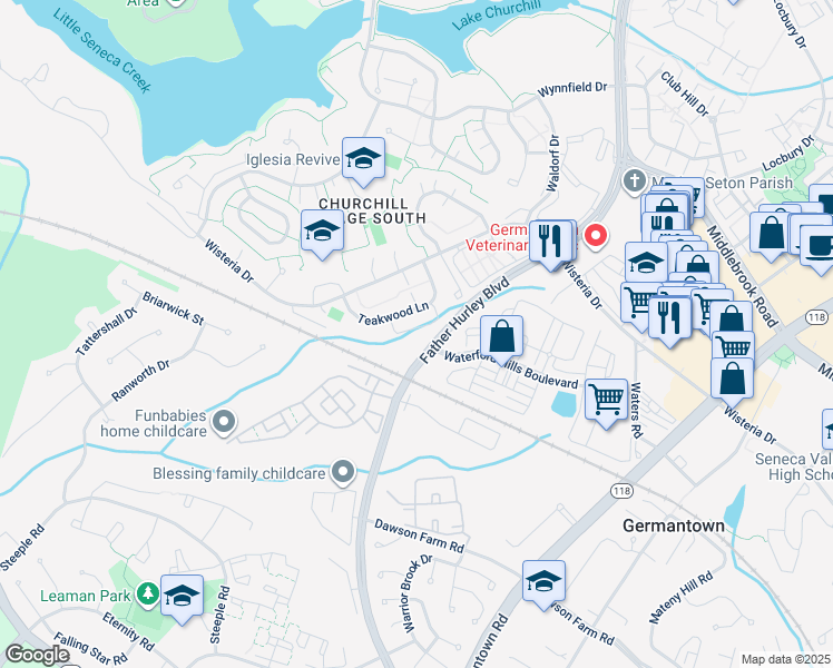 map of restaurants, bars, coffee shops, grocery stores, and more near 19725 Teakwood Circle in Germantown