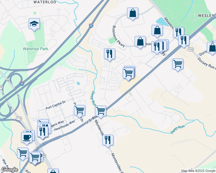map of restaurants, bars, coffee shops, grocery stores, and more near 7720 Blue Stream Drive in Elkridge