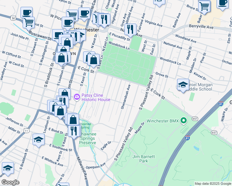 map of restaurants, bars, coffee shops, grocery stores, and more near 245 Shawnee Avenue in Winchester