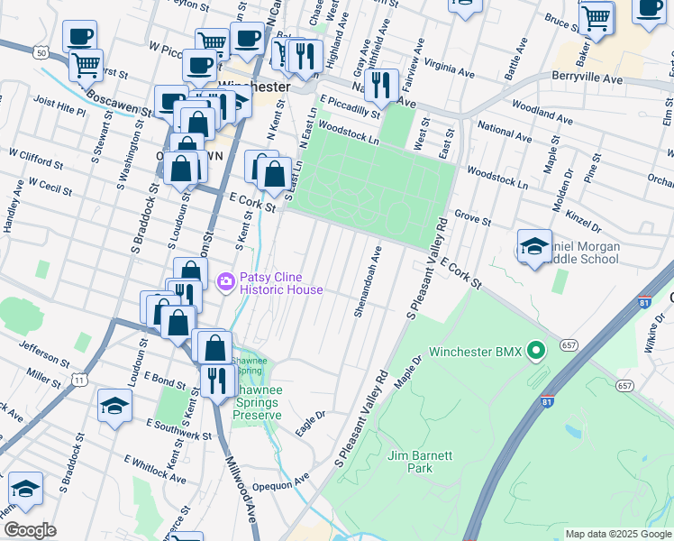 map of restaurants, bars, coffee shops, grocery stores, and more near 245 Shawnee Avenue in Winchester