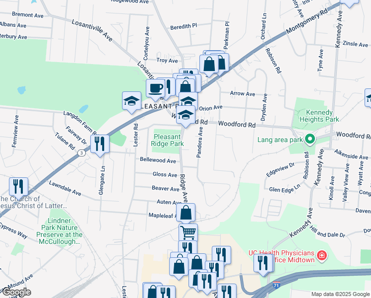 map of restaurants, bars, coffee shops, grocery stores, and more near in Cincinnati