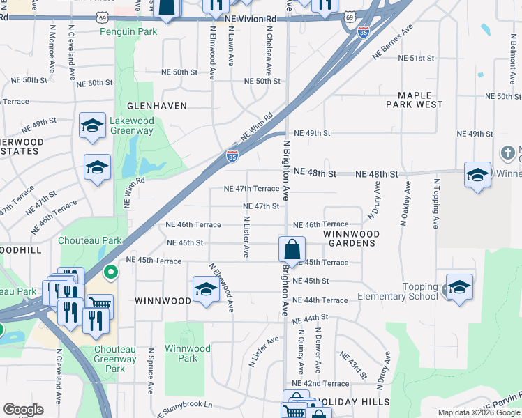map of restaurants, bars, coffee shops, grocery stores, and more near 4820 Northeast 46th Terrace in Kansas City