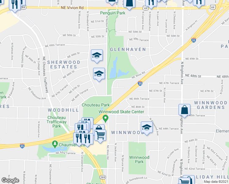 map of restaurants, bars, coffee shops, grocery stores, and more near 4615 Northeast Winn Road in Kansas City