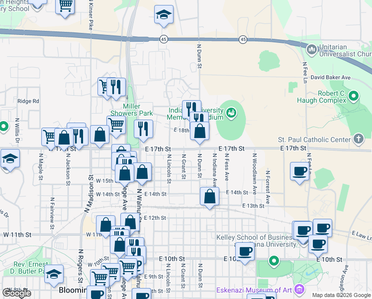 map of restaurants, bars, coffee shops, grocery stores, and more near in Bloomington