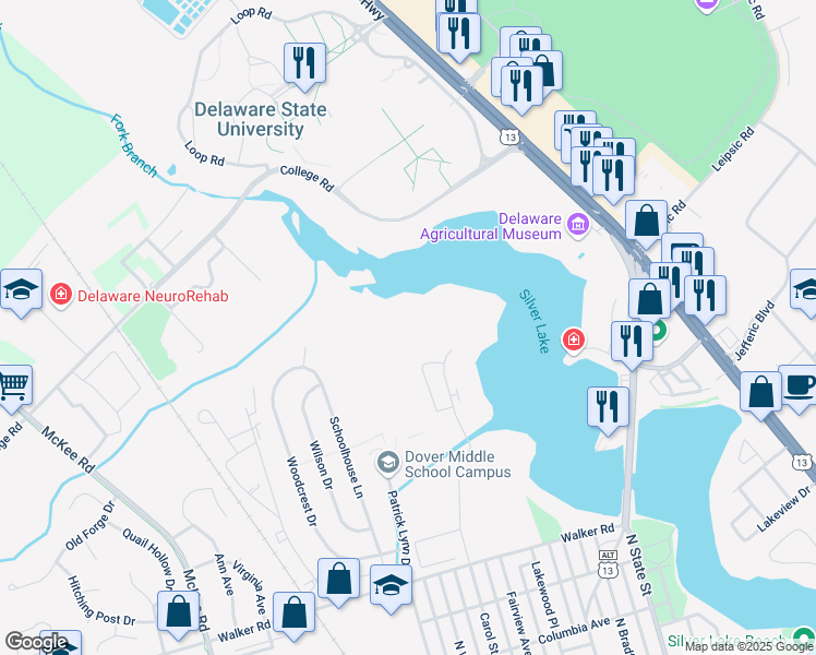 map of restaurants, bars, coffee shops, grocery stores, and more near 1080 Silver Lake Boulevard in Dover