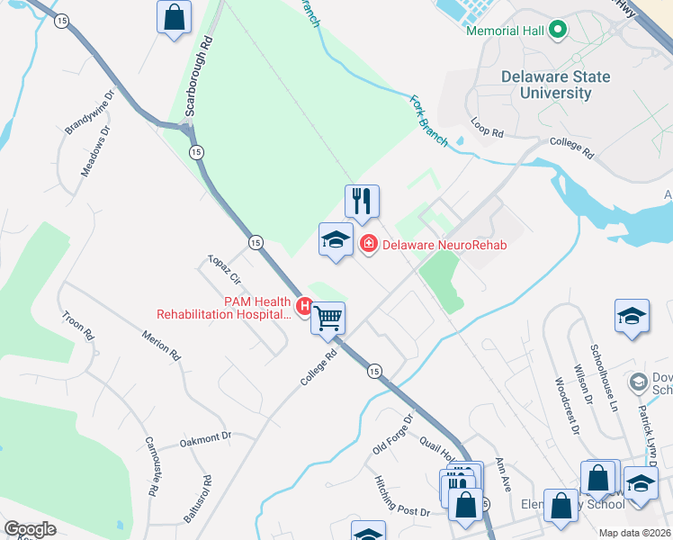 map of restaurants, bars, coffee shops, grocery stores, and more near 855 College Road in Dover