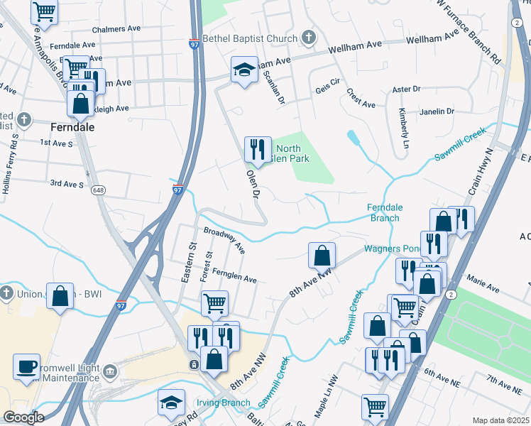 map of restaurants, bars, coffee shops, grocery stores, and more near 149 Olen Drive in Glen Burnie