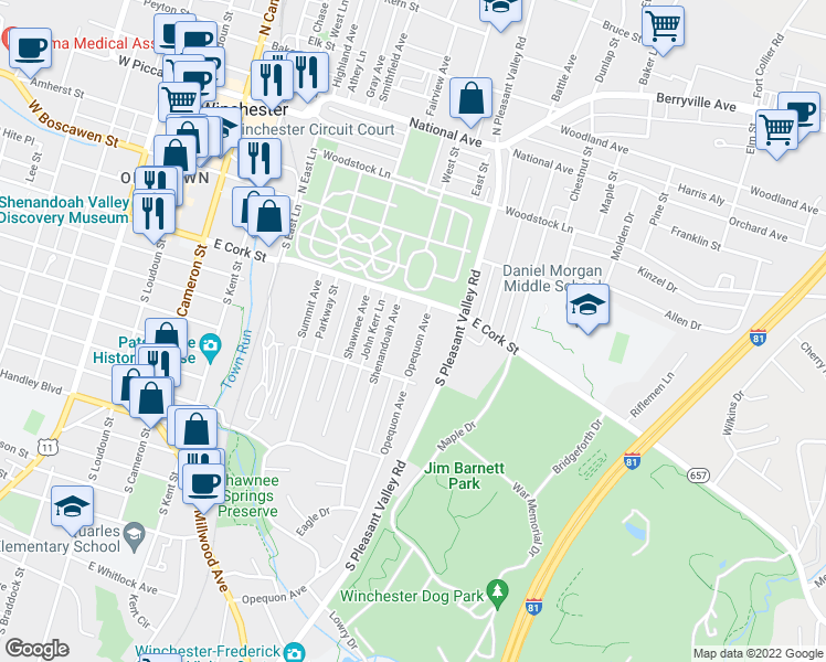 map of restaurants, bars, coffee shops, grocery stores, and more near 225 Opequon Ave in Winchester