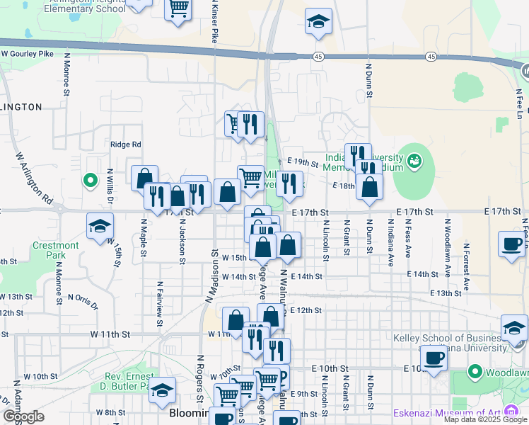 map of restaurants, bars, coffee shops, grocery stores, and more near North College Avenue & West 17th Street in Bloomington