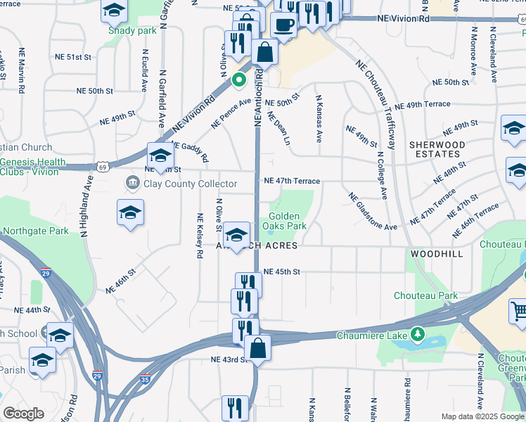 map of restaurants, bars, coffee shops, grocery stores, and more near 4653 Northeast Antioch Road in Kansas City