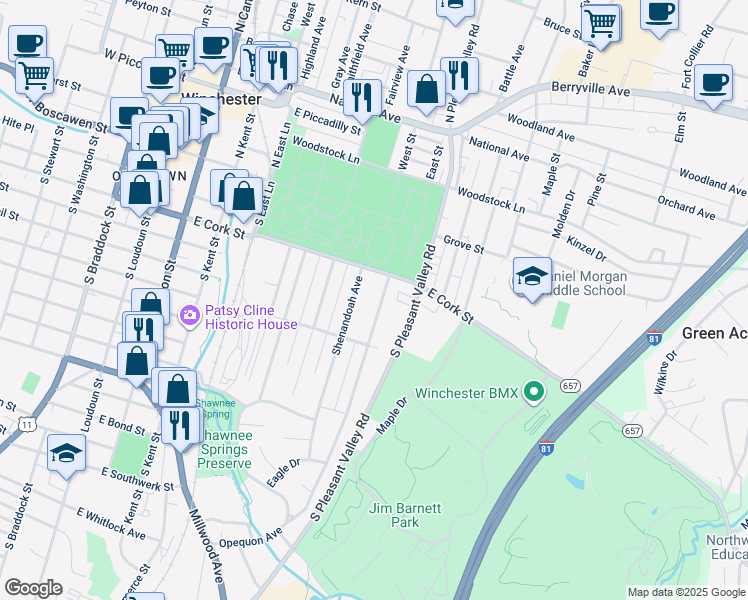 map of restaurants, bars, coffee shops, grocery stores, and more near 225 Opequon Ave in Winchester