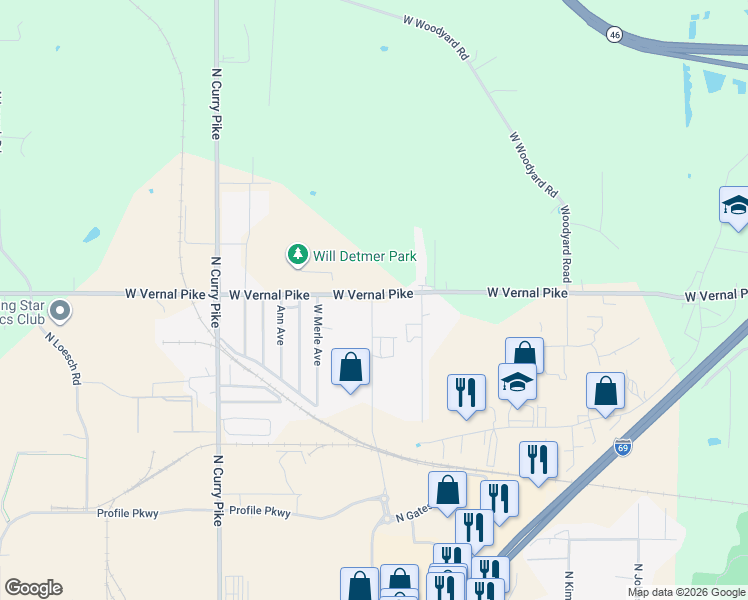 map of restaurants, bars, coffee shops, grocery stores, and more near 3895 West Vernal Pike in Bloomington
