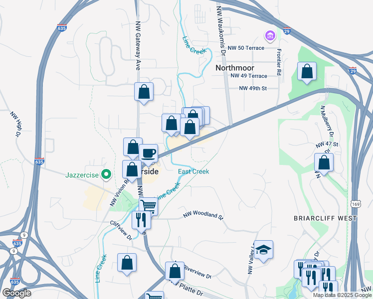 map of restaurants, bars, coffee shops, grocery stores, and more near 2421 Northwest Vivion Road in Riverside