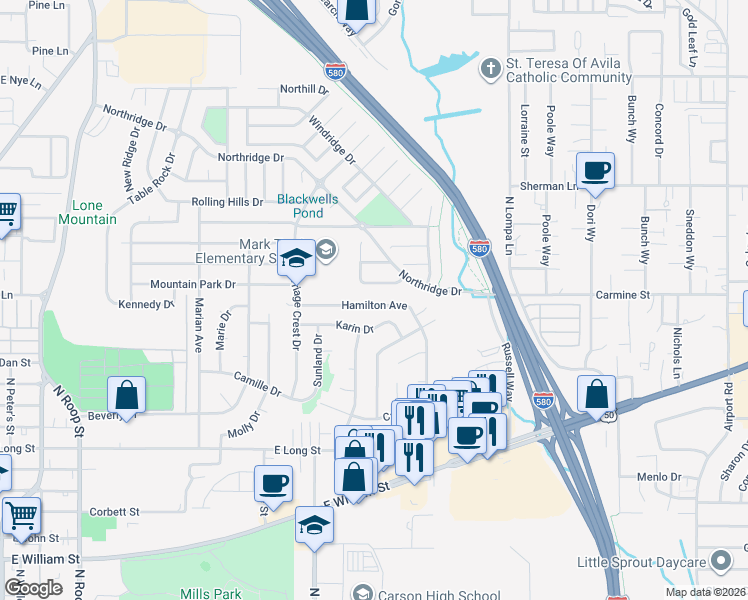 map of restaurants, bars, coffee shops, grocery stores, and more near 1937 Hamilton Avenue in Carson City
