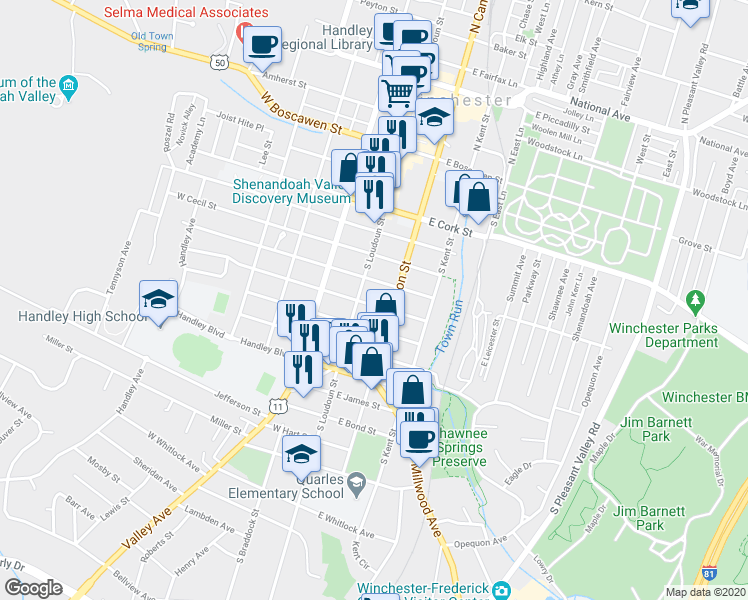 map of restaurants, bars, coffee shops, grocery stores, and more near 18 East Monmouth Street in Winchester