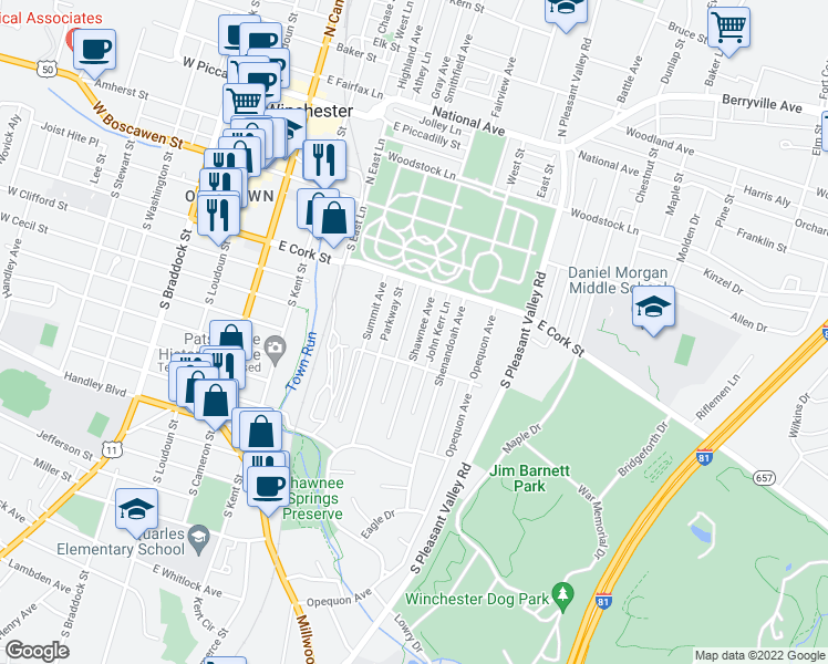 map of restaurants, bars, coffee shops, grocery stores, and more near 241 Shawnee Avenue in Winchester