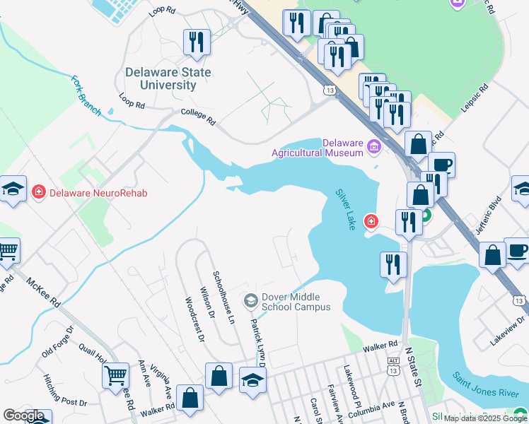 map of restaurants, bars, coffee shops, grocery stores, and more near 1080 Silver Lake Boulevard in Dover