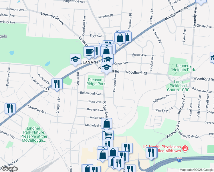 map of restaurants, bars, coffee shops, grocery stores, and more near in Cincinnati