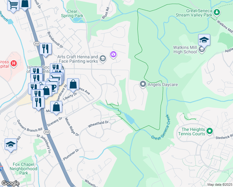 map of restaurants, bars, coffee shops, grocery stores, and more near 19700 Crystal View Court in Germantown