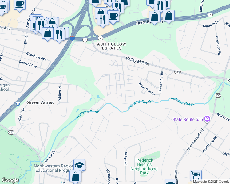 map of restaurants, bars, coffee shops, grocery stores, and more near 116 Coolfont Lane in Winchester