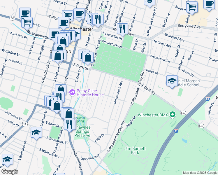 map of restaurants, bars, coffee shops, grocery stores, and more near 241 Shawnee Avenue in Winchester