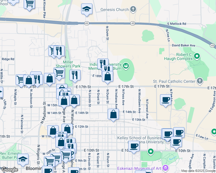 map of restaurants, bars, coffee shops, grocery stores, and more near 505 East 17th Street in Bloomington