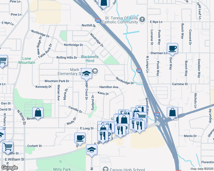 map of restaurants, bars, coffee shops, grocery stores, and more near 1941 Hamilton Avenue in Carson City