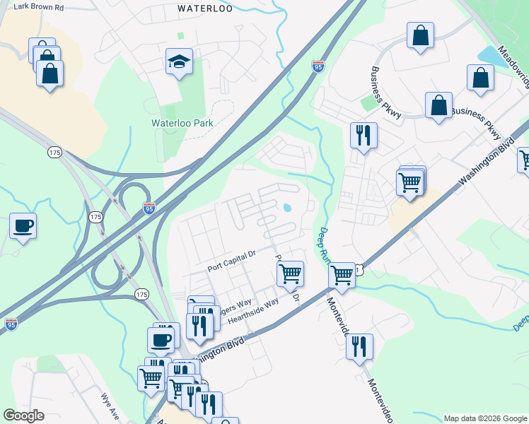 map of restaurants, bars, coffee shops, grocery stores, and more near 7300 Point Patience Way in Elkridge