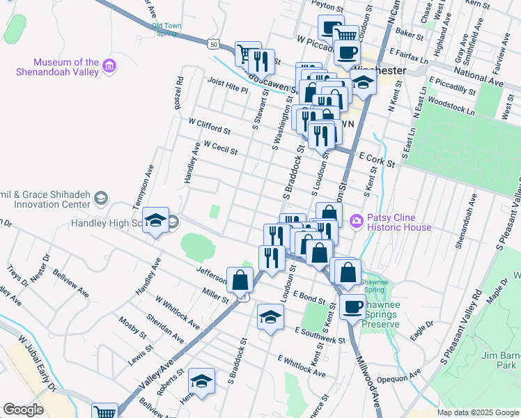 map of restaurants, bars, coffee shops, grocery stores, and more near 618 South Washington Street in Winchester