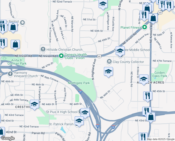 map of restaurants, bars, coffee shops, grocery stores, and more near 4700 North Highland Avenue in Kansas City