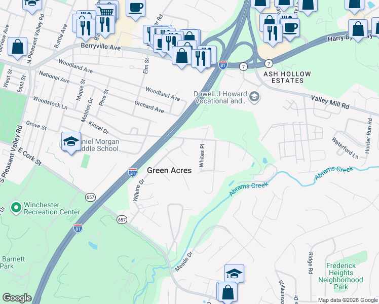 map of restaurants, bars, coffee shops, grocery stores, and more near 105 Scenic Circle in Winchester