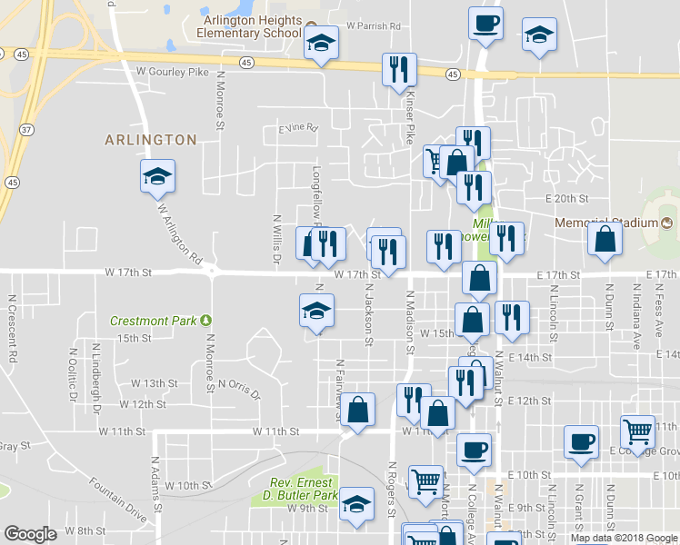 map of restaurants, bars, coffee shops, grocery stores, and more near 711 West 17th Street in Bloomington