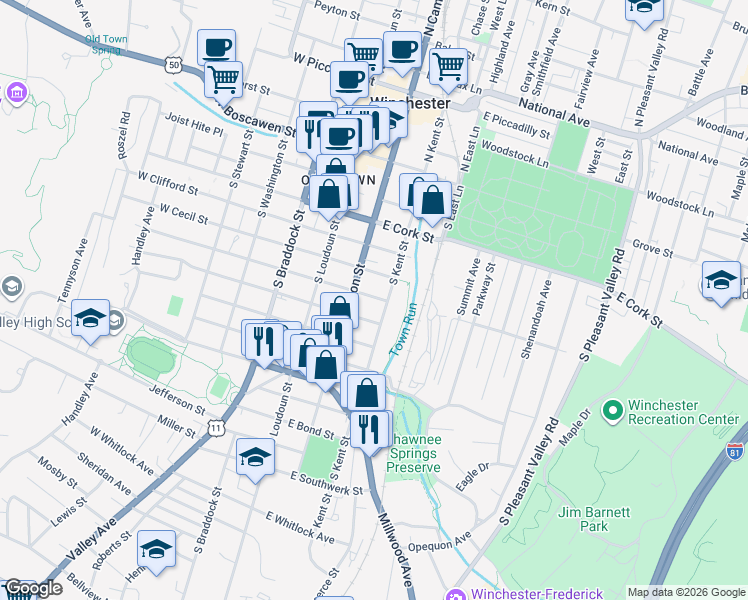 map of restaurants, bars, coffee shops, grocery stores, and more near 126 East Monmouth Street in Winchester