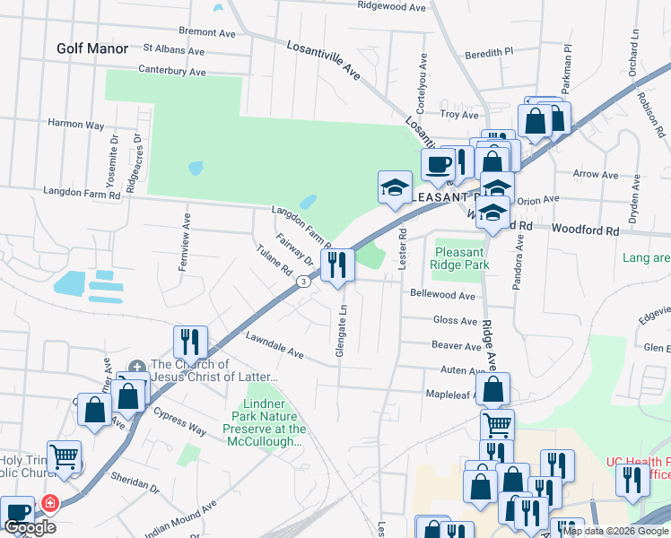 map of restaurants, bars, coffee shops, grocery stores, and more near 5761 Glengate Lane in Cincinnati
