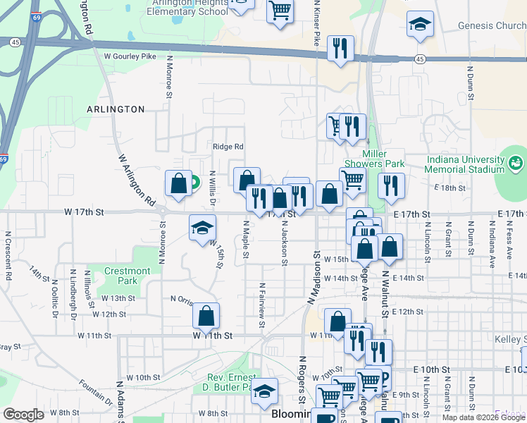 map of restaurants, bars, coffee shops, grocery stores, and more near 711 West 17th Street in Bloomington