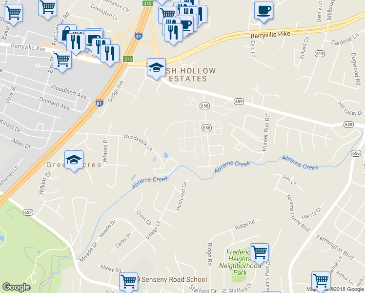 map of restaurants, bars, coffee shops, grocery stores, and more near 115 Seabreeze Lane in Winchester
