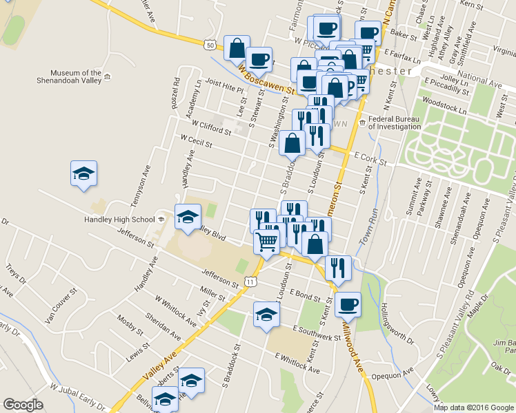 map of restaurants, bars, coffee shops, grocery stores, and more near 618 South Washington Street in Winchester