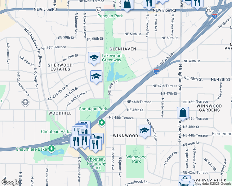 map of restaurants, bars, coffee shops, grocery stores, and more near 4623 Northeast Winn Road in Kansas City