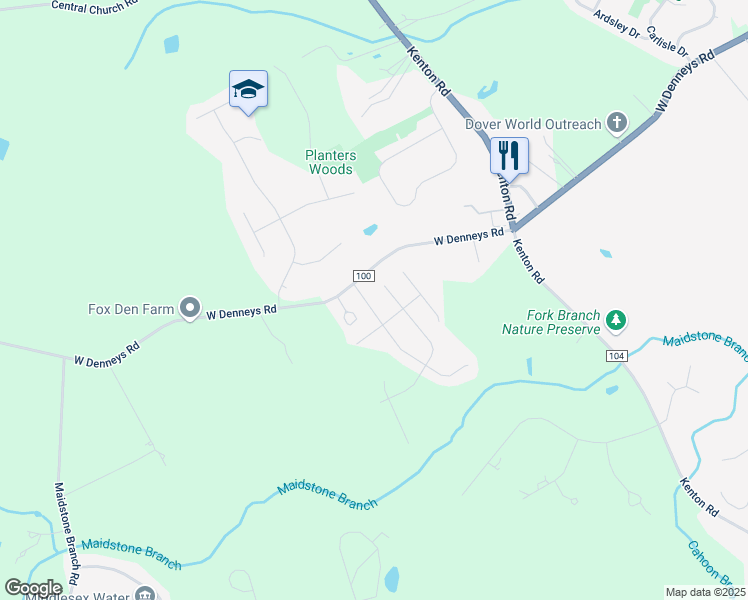 map of restaurants, bars, coffee shops, grocery stores, and more near 3226 West Denneys Road in Dover