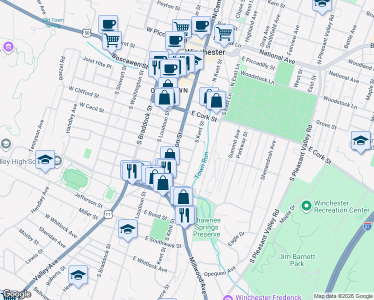 map of restaurants, bars, coffee shops, grocery stores, and more near 126 East Monmouth Street in Winchester